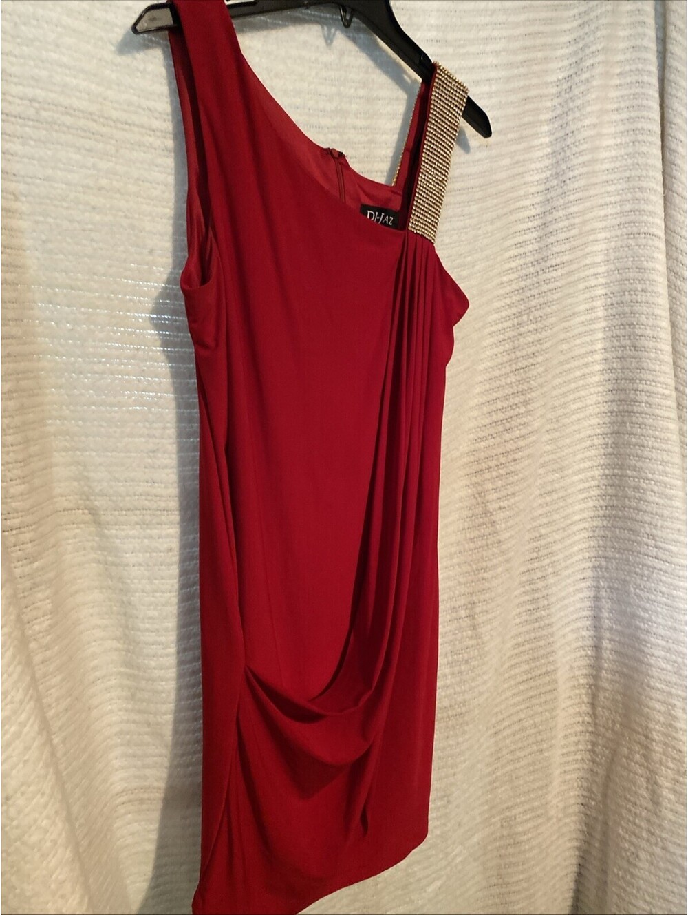 DJ-Jaz Dress Red With Gold Rinestones Size 14 Draped Stretch Midi Party Cocktail